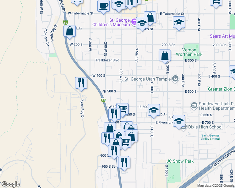 map of restaurants, bars, coffee shops, grocery stores, and more near 119 W 500 S in St George