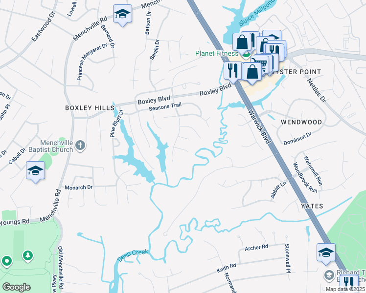 map of restaurants, bars, coffee shops, grocery stores, and more near 241 Cranbrook Court in Newport News