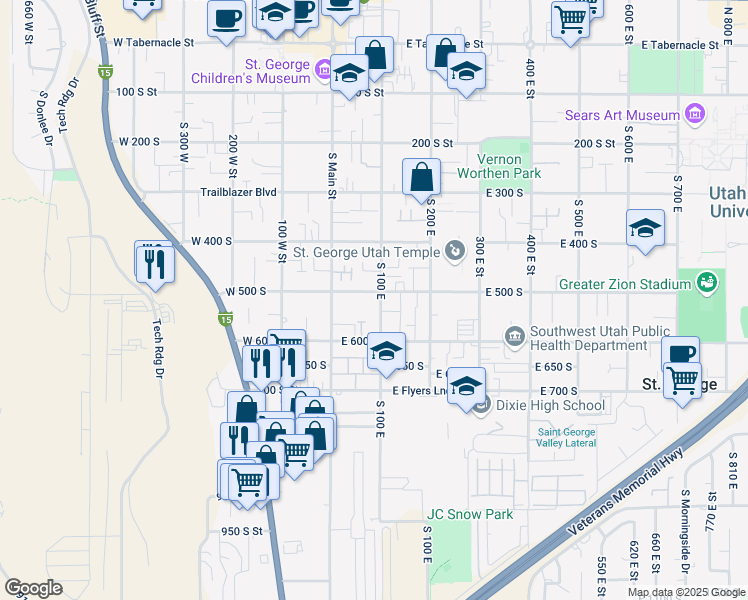map of restaurants, bars, coffee shops, grocery stores, and more near 94 East 500 South in St. George