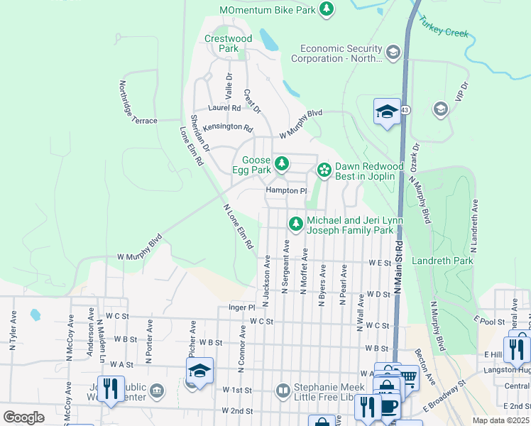 map of restaurants, bars, coffee shops, grocery stores, and more near 720 North Jackson Avenue in Joplin