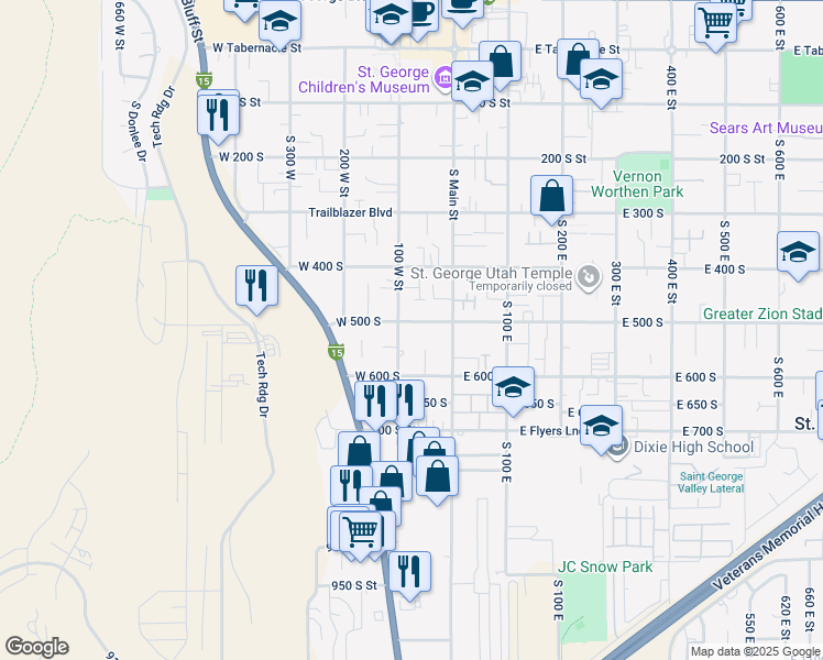 map of restaurants, bars, coffee shops, grocery stores, and more near 79 West 500 South in St. George