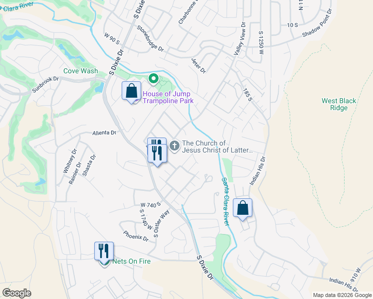 map of restaurants, bars, coffee shops, grocery stores, and more near West Woodsview Drive in St. George