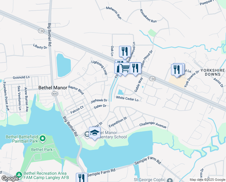 map of restaurants, bars, coffee shops, grocery stores, and more near 121 Buttonwood Lane in Yorktown