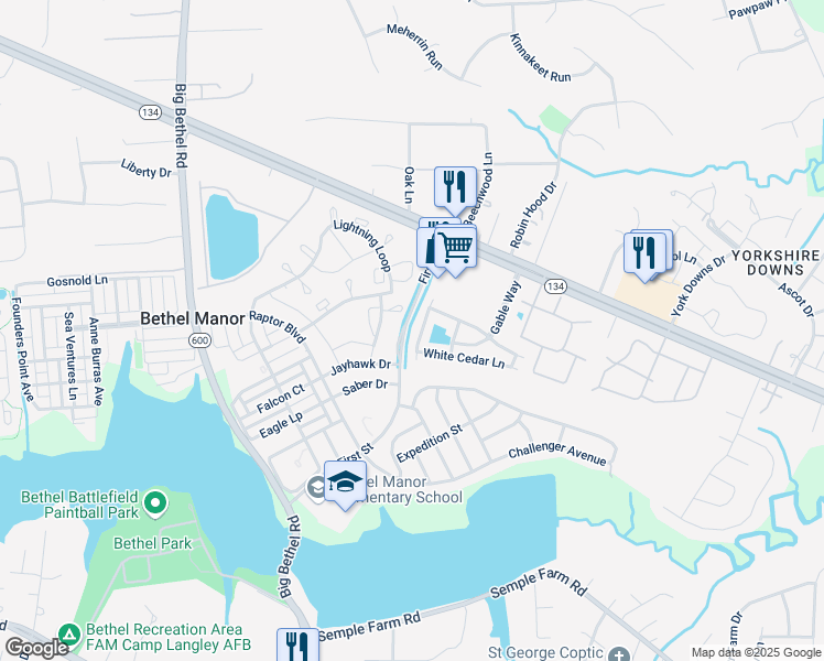 map of restaurants, bars, coffee shops, grocery stores, and more near 121 Buttonwood Lane in Yorktown