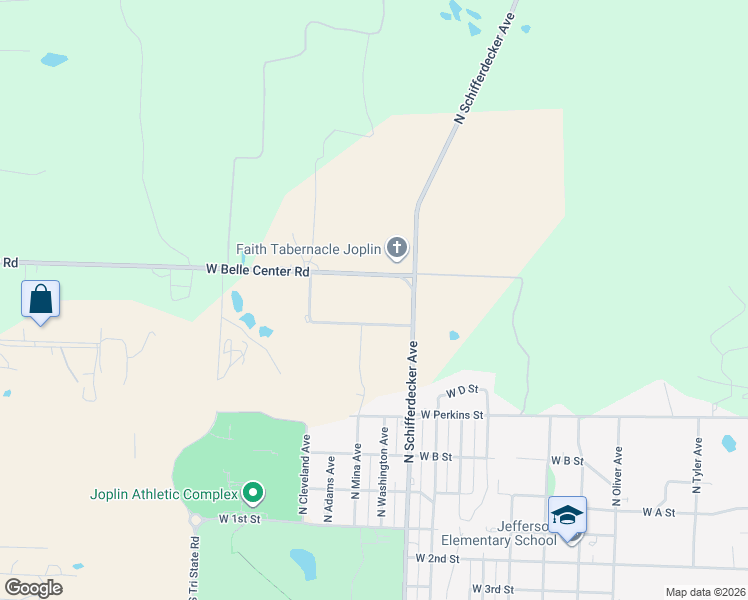 map of restaurants, bars, coffee shops, grocery stores, and more near 3026 E G St in Joplin