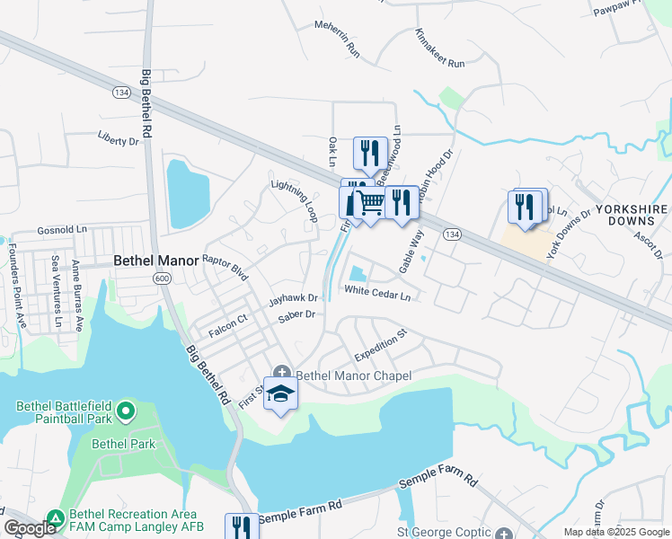 map of restaurants, bars, coffee shops, grocery stores, and more near 121 Buttonwood Lane in Yorktown