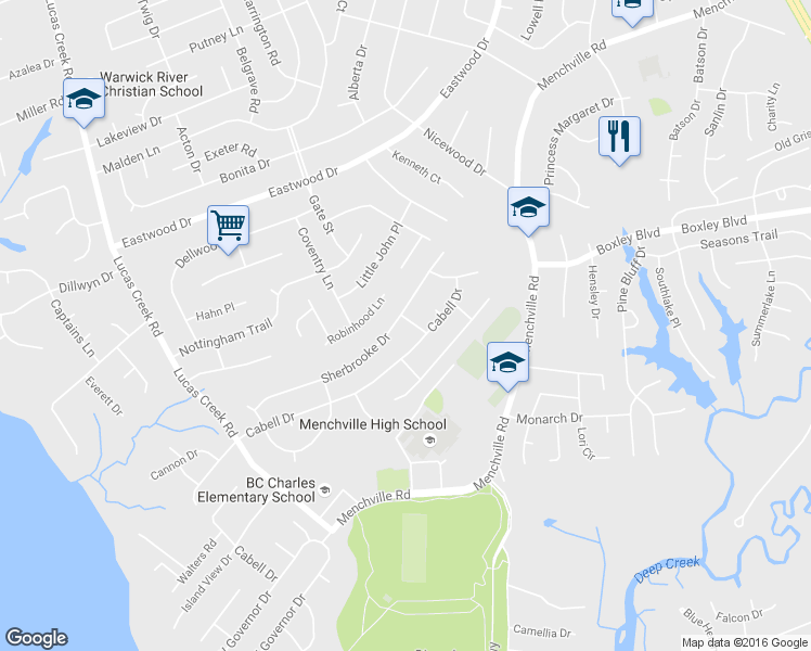 map of restaurants, bars, coffee shops, grocery stores, and more near 254 Sherbrooke Dr in Newport News