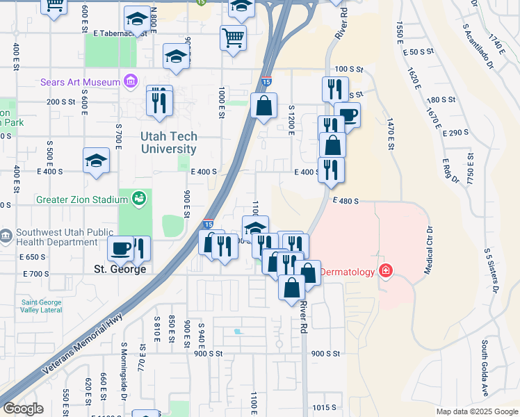 map of restaurants, bars, coffee shops, grocery stores, and more near 1086 East 500 South in St. George