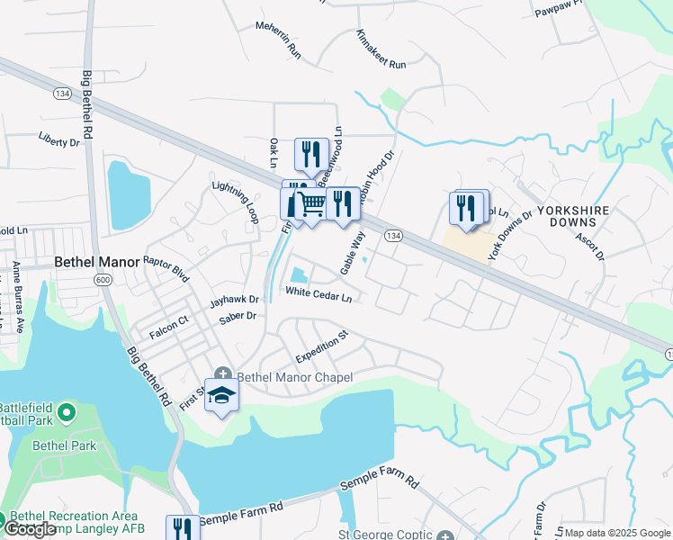 map of restaurants, bars, coffee shops, grocery stores, and more near 100 Post Oak Road in Yorktown