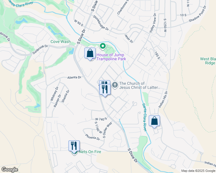 map of restaurants, bars, coffee shops, grocery stores, and more near 1645 West Chapel View Lane in St. George