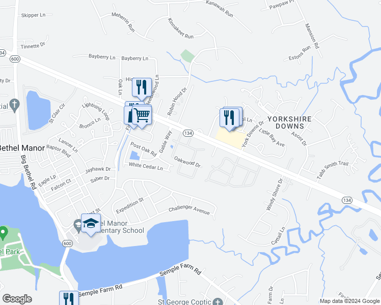 map of restaurants, bars, coffee shops, grocery stores, and more near 30 Willowood Drive in Yorktown