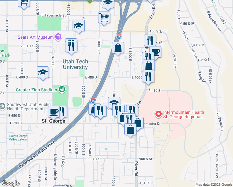 map of restaurants, bars, coffee shops, grocery stores, and more near 525 South 1100 East in St. George