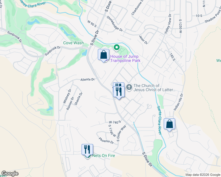 map of restaurants, bars, coffee shops, grocery stores, and more near 1727 West Green Valley Lane in Saint George
