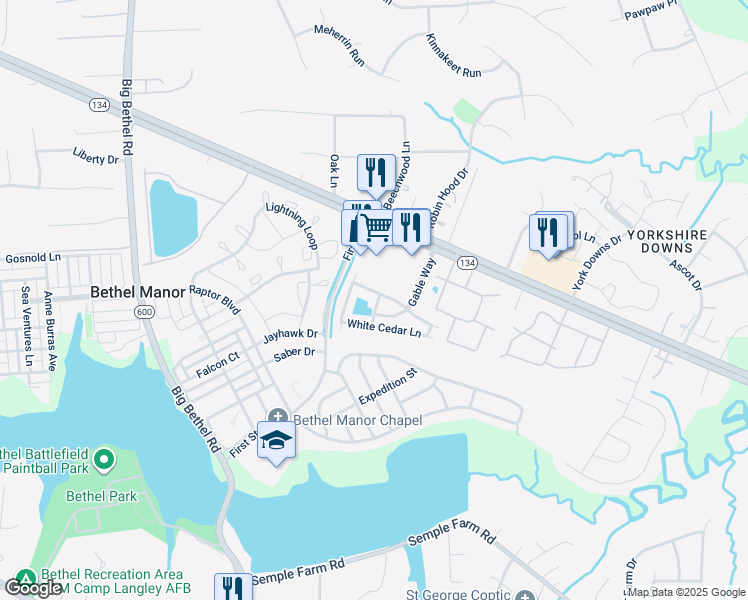 map of restaurants, bars, coffee shops, grocery stores, and more near 125 Post Oak Road in Yorktown