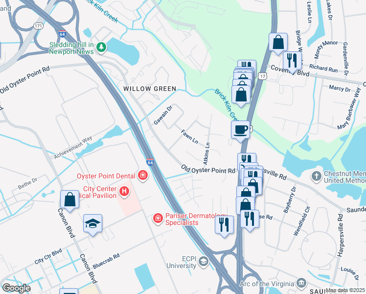 map of restaurants, bars, coffee shops, grocery stores, and more near 14 Excalibur Place in Newport News