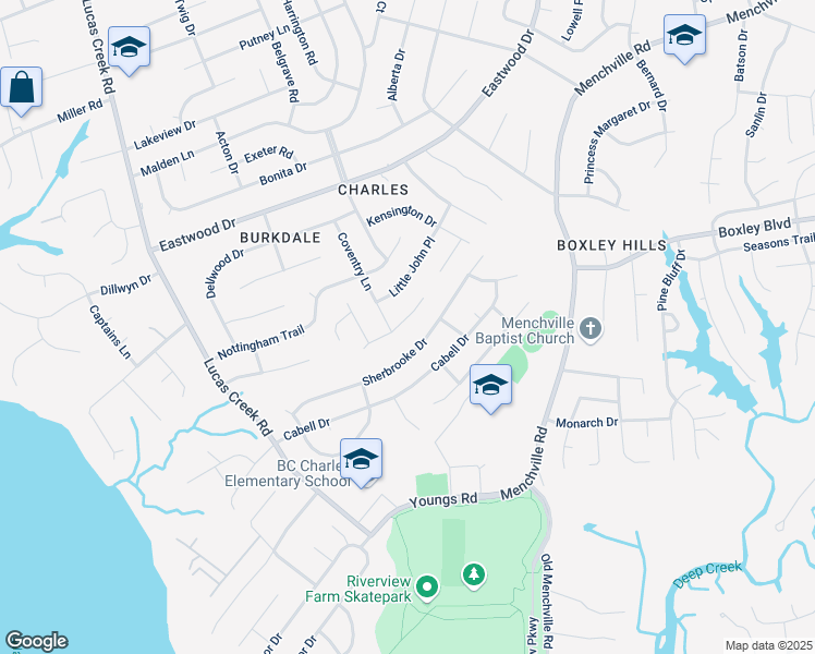 map of restaurants, bars, coffee shops, grocery stores, and more near 162 Robinhood Lane in Newport News
