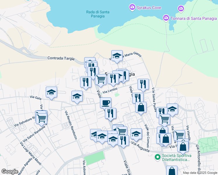 map of restaurants, bars, coffee shops, grocery stores, and more near 2A Via Sortino in Siracusa