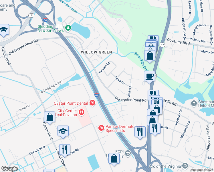 map of restaurants, bars, coffee shops, grocery stores, and more near 109 Stag Terrace in Newport News