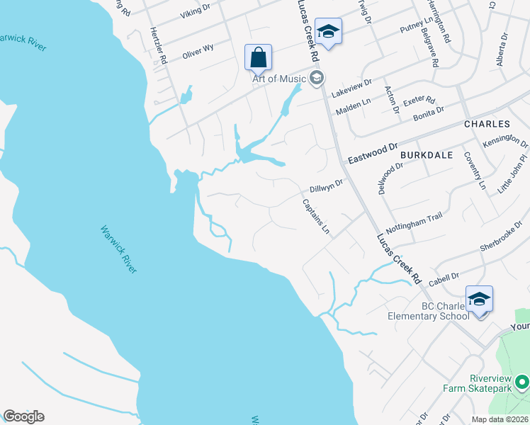 map of restaurants, bars, coffee shops, grocery stores, and more near 121 Poseidon Drive in Newport News