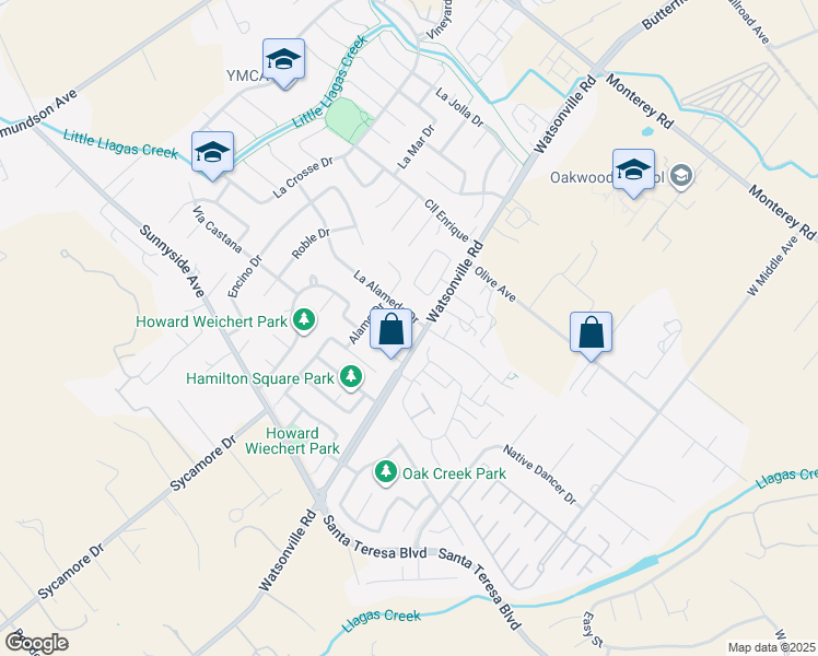 map of restaurants, bars, coffee shops, grocery stores, and more near 15215 La Alameda Drive in Morgan Hill