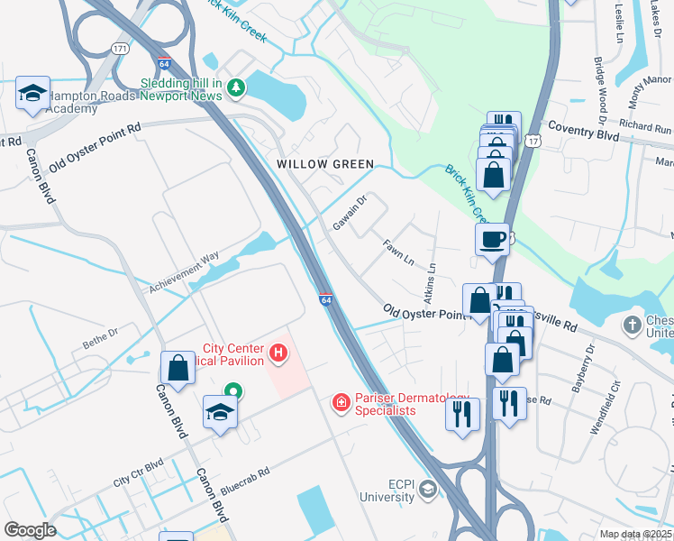 map of restaurants, bars, coffee shops, grocery stores, and more near 758 Old Oyster Point Road in Newport News