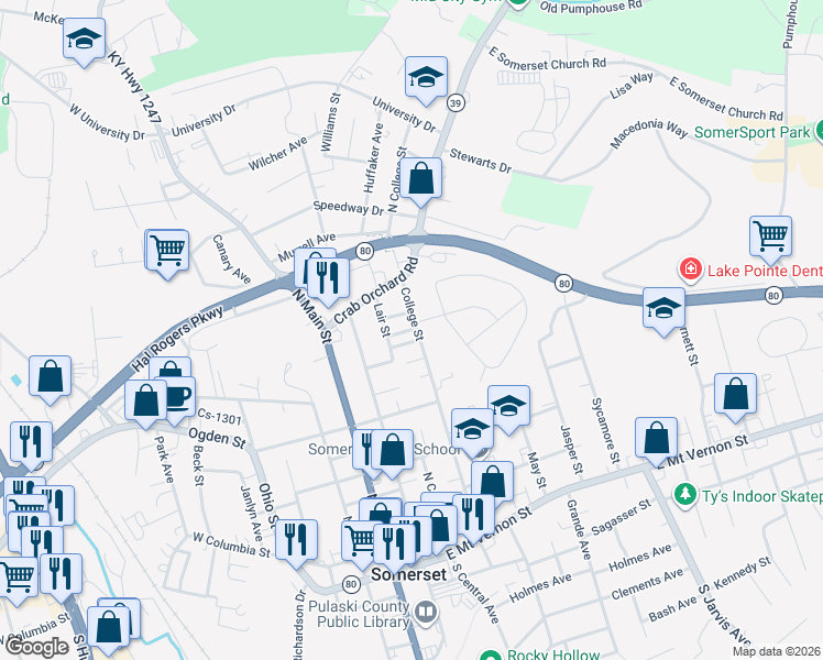 map of restaurants, bars, coffee shops, grocery stores, and more near Brad Street in Somerset