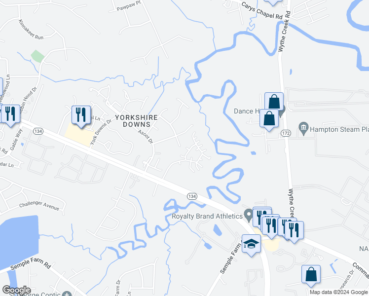 map of restaurants, bars, coffee shops, grocery stores, and more near 121 Hautz Way in Yorktown