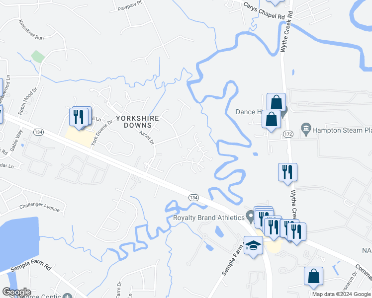 map of restaurants, bars, coffee shops, grocery stores, and more near 121 Hautz Way in Yorktown