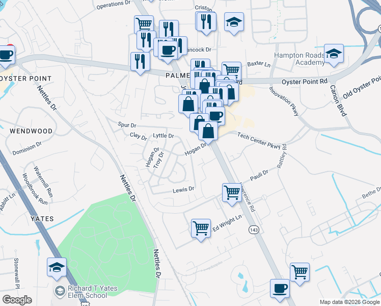 map of restaurants, bars, coffee shops, grocery stores, and more near 1 Lewis Drive in Newport News