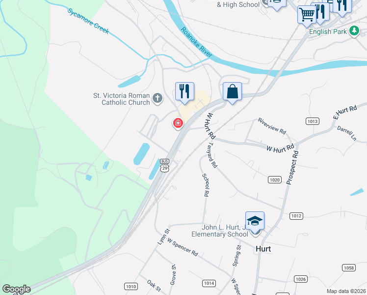 map of restaurants, bars, coffee shops, grocery stores, and more near 552 West Spencer Road in Hurt