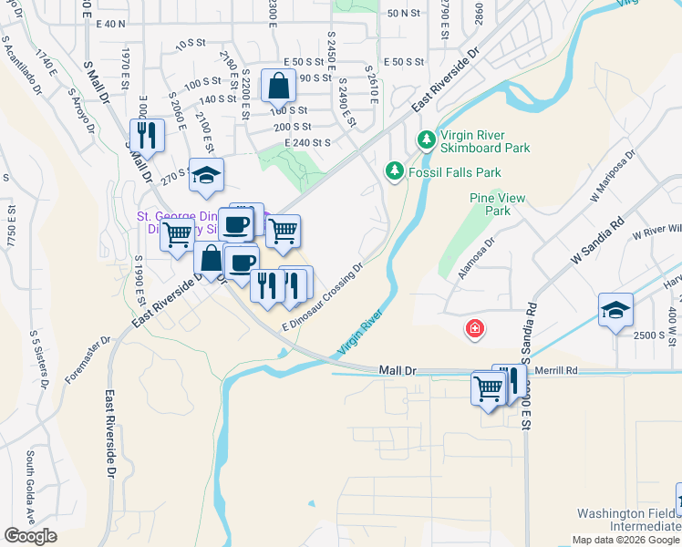 map of restaurants, bars, coffee shops, grocery stores, and more near 2271 East Dinosaur Crossing Drive in St. George