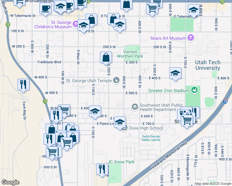map of restaurants, bars, coffee shops, grocery stores, and more near 524 South 200 East in St. George