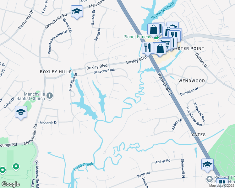 map of restaurants, bars, coffee shops, grocery stores, and more near 243 Cranbrook Court in Newport News