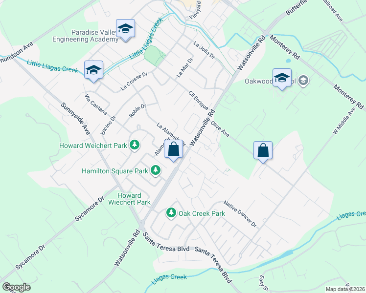 map of restaurants, bars, coffee shops, grocery stores, and more near 15225 La Alameda Drive in Morgan Hill