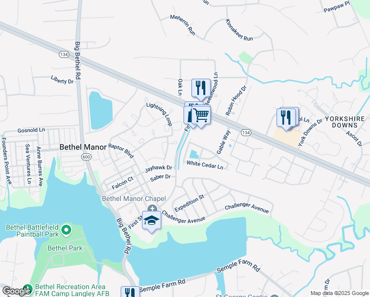 map of restaurants, bars, coffee shops, grocery stores, and more near 125 Buttonwood Lane in Yorktown