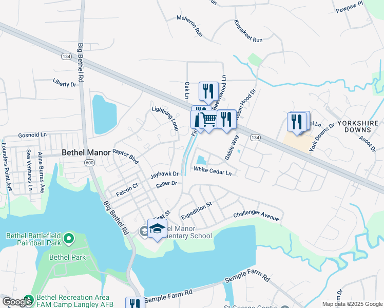 map of restaurants, bars, coffee shops, grocery stores, and more near 125 Buttonwood Lane in Yorktown