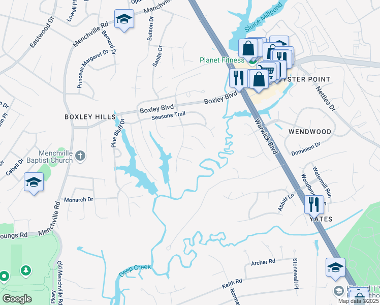 map of restaurants, bars, coffee shops, grocery stores, and more near 243 Cranbrook Court in Newport News