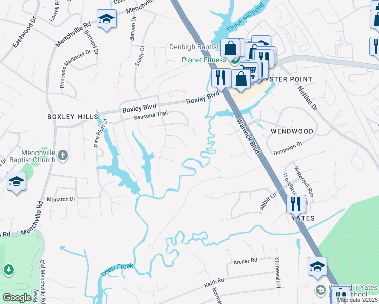 map of restaurants, bars, coffee shops, grocery stores, and more near 256 Huntstree Place in Newport News