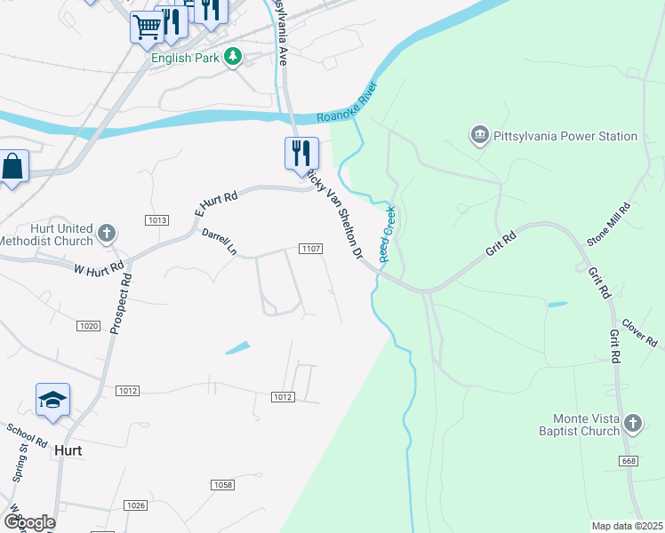 map of restaurants, bars, coffee shops, grocery stores, and more near 514 Darrell Lane in Hurt