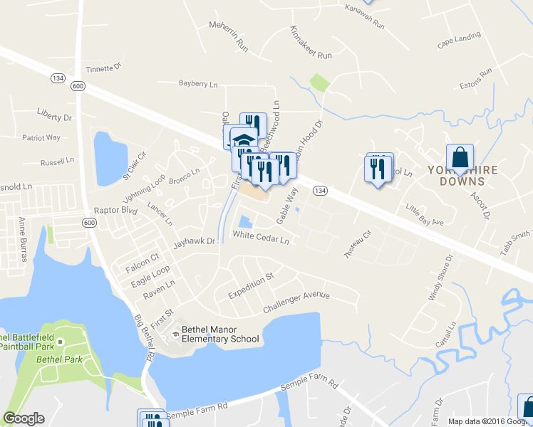 map of restaurants, bars, coffee shops, grocery stores, and more near 110 Post Oak Road in Yorktown