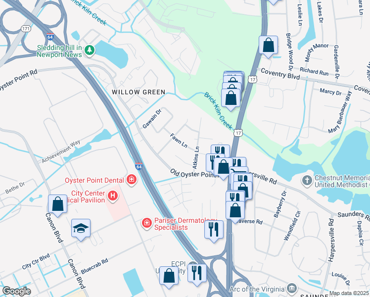 map of restaurants, bars, coffee shops, grocery stores, and more near 7 Fawn Lane in Newport News
