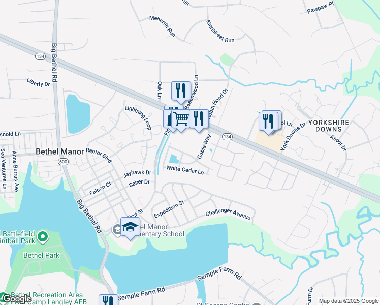 map of restaurants, bars, coffee shops, grocery stores, and more near 110 Post Oak Road in Yorktown