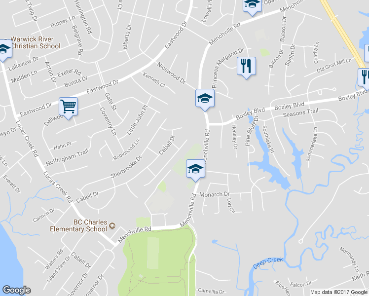 map of restaurants, bars, coffee shops, grocery stores, and more near 272 Weatherford Way in Newport News