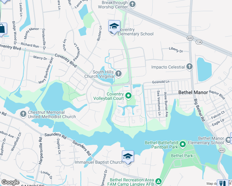 map of restaurants, bars, coffee shops, grocery stores, and more near 211 Wexford Court in Yorktown