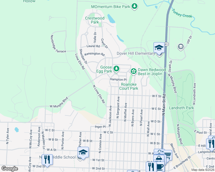 map of restaurants, bars, coffee shops, grocery stores, and more near 720 N Jackson Ave in Joplin