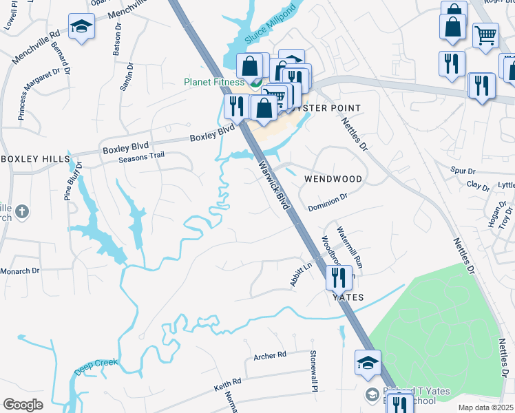 map of restaurants, bars, coffee shops, grocery stores, and more near 12907 Fitzhugh Drive in Newport News