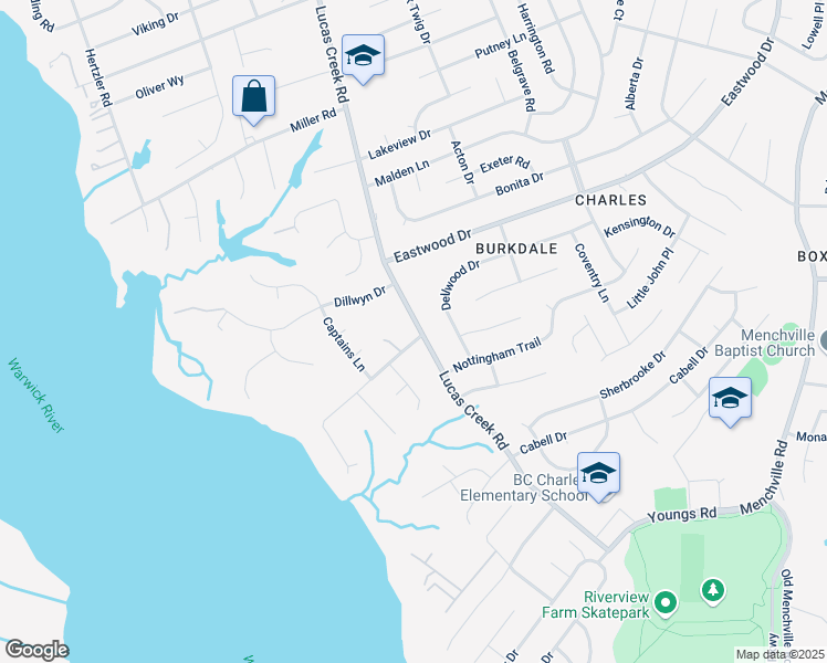 map of restaurants, bars, coffee shops, grocery stores, and more near 101 Lucas Creek Road in Newport News