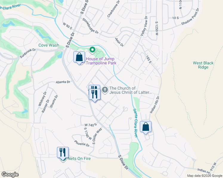 map of restaurants, bars, coffee shops, grocery stores, and more near West Woodsview Drive in St. George