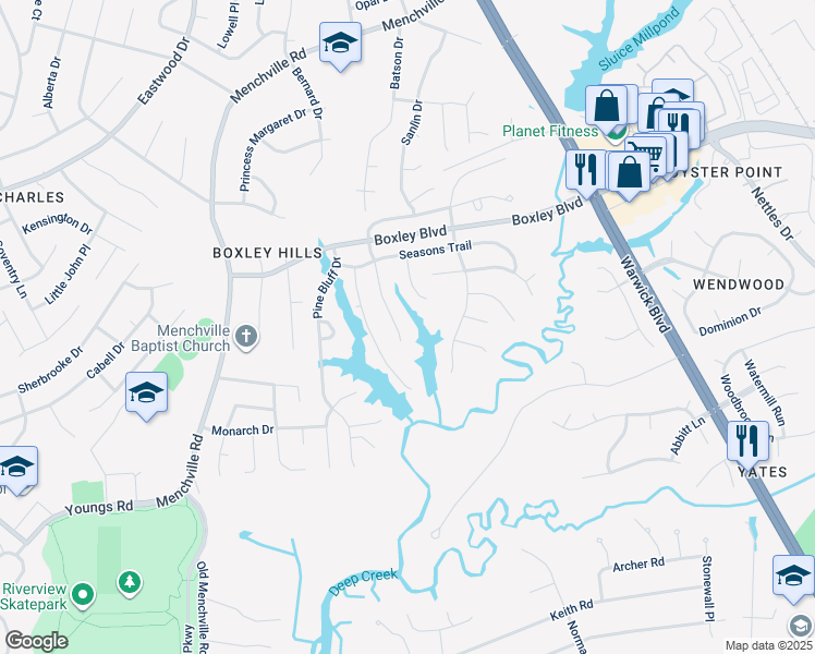 map of restaurants, bars, coffee shops, grocery stores, and more near 132 Summerglen Ridge in Newport News