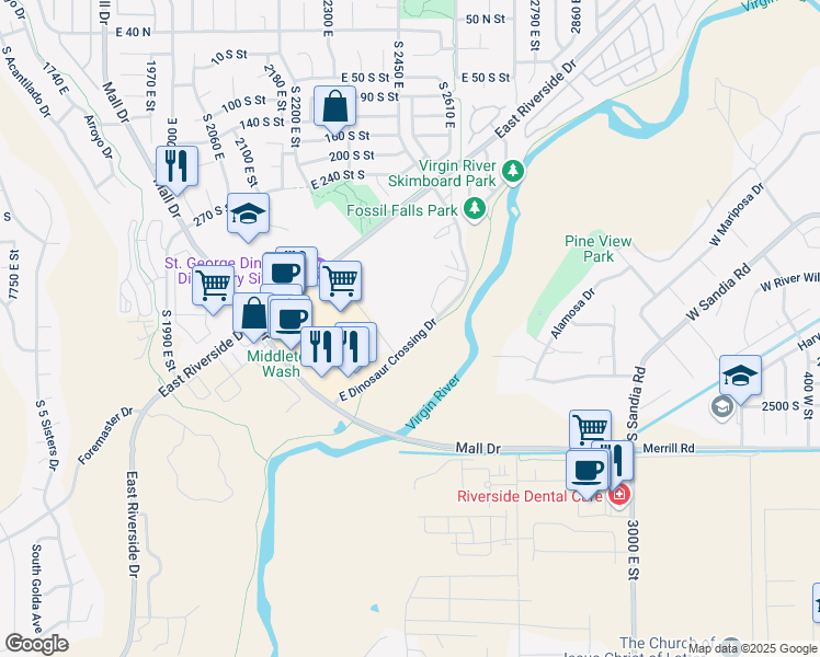 map of restaurants, bars, coffee shops, grocery stores, and more near 2271 East Dinosaur Crossing Drive in St. George